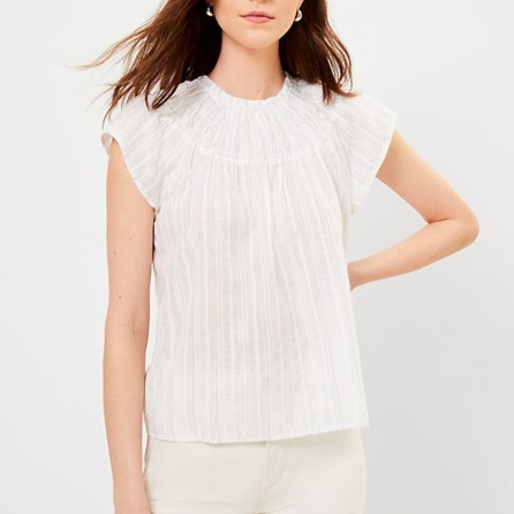 LOFT NWT Shimmer Striped Smocked Shell Top S - Picture 2 of 11
